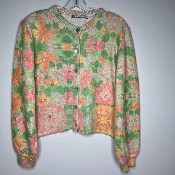 Zara Women's Multicolor Pearl Floral Print Knit Jacquard Cardigan Sweater Medium - Picture 4 of 11